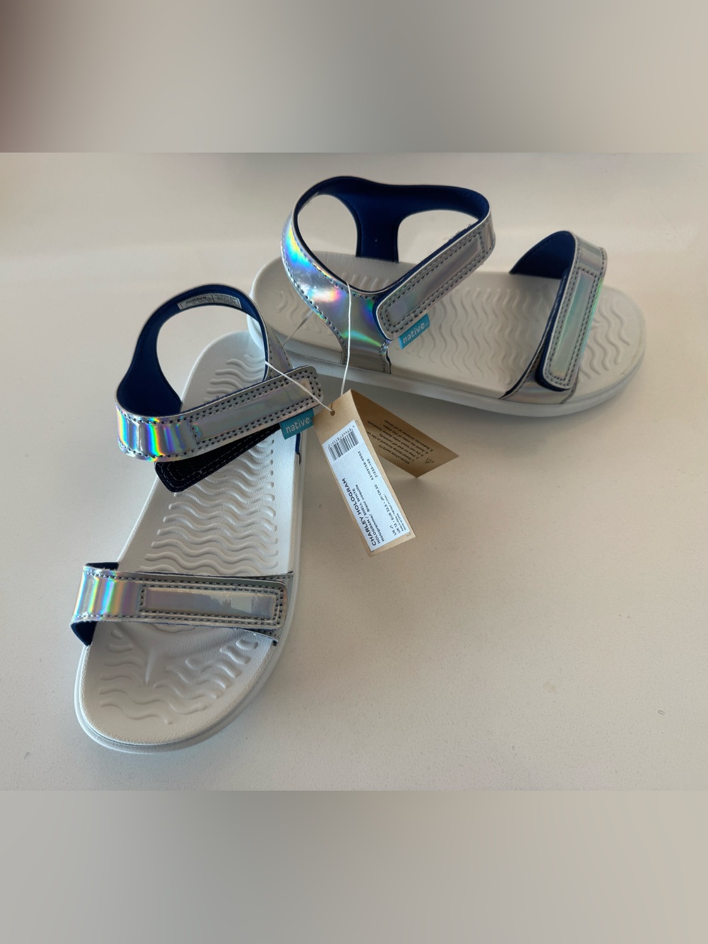 *NEW IN BOX* Native Kids Holographic Strap Sandals - White/Silver/Iridescent